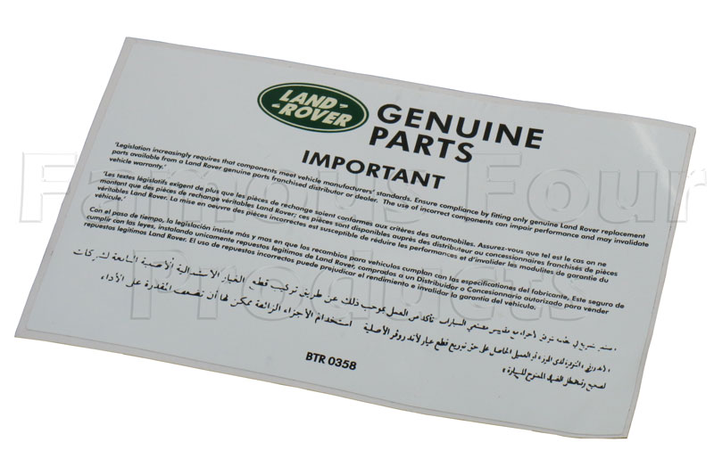 Decal - Genuine Parts Important - Land Rover Discovery 1994-98 - Body